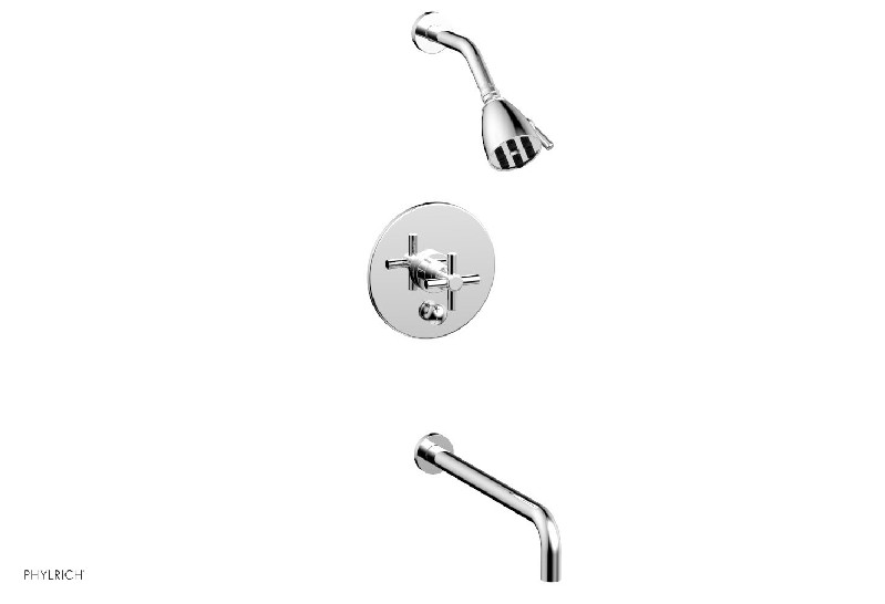 PHYLRICH DPB2134-14 BASIC 14 INCH SPOUT WALL MOUNT PRESSURE BALANCE TUB AND SHOWER SET WITH TUBULAR CROSS HANDLE
