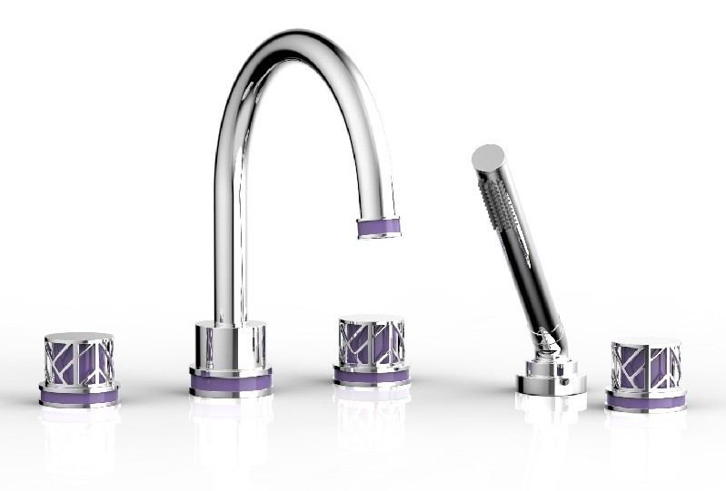 PHYLRICH 222-48-046 JOLIE 10 15/16 INCH FIVE HOLES WIDESPREAD KNOB HANDLES DECK MOUNT TUB SET WITH HAND SHOWER AND PURPLE ACCENTS
