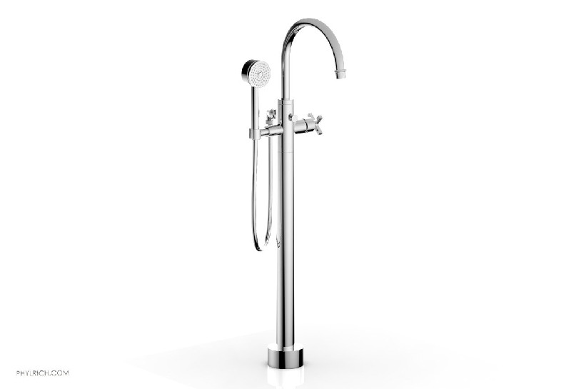 PHYLRICH 501-46 HEX MODERN 38 1/4 INCH FLOOR MOUNT TUB FILLER WITH HAND SHOWER AND CROSS HANDLE