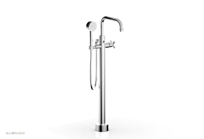 PHYLRICH 501-54 HEX MODERN 35 1/8 INCH FLOOR MOUNT TUB FILLER WITH HAND SHOWER AND CROSS HANDLE
