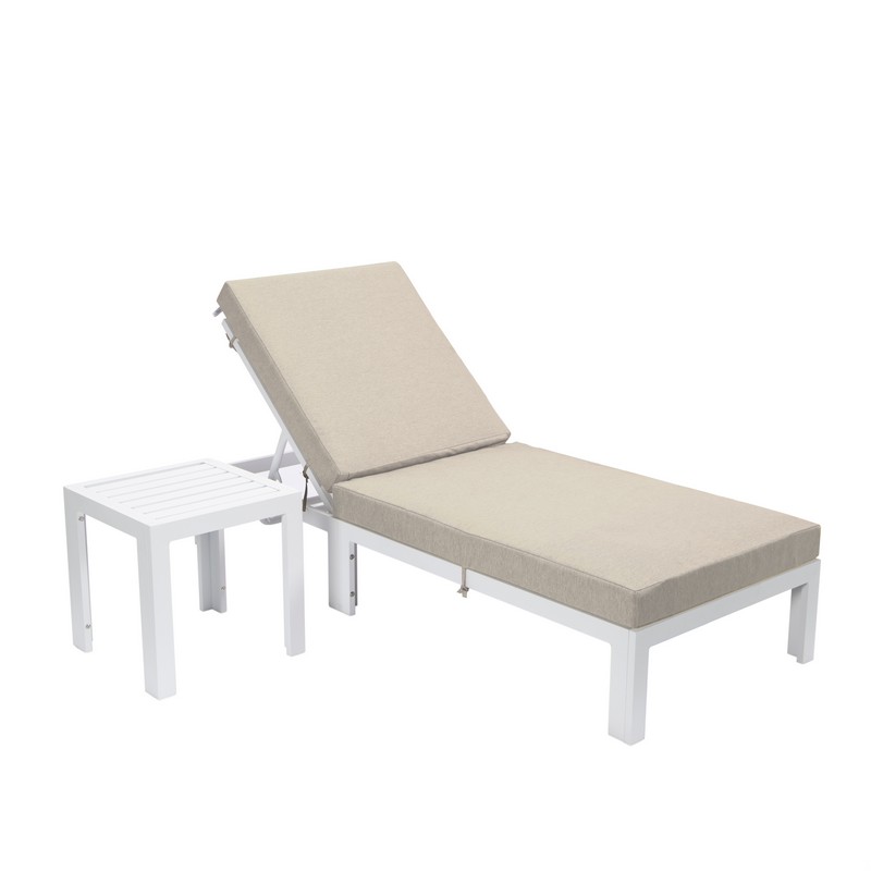 LEISUREMOD CLTW-77 CHELSEA 29 1/2 INCH MODERN OUTDOOR WHITE LOUNGE CHAIR CHAISE WITH SIDE TABLE AND CUSHIONS