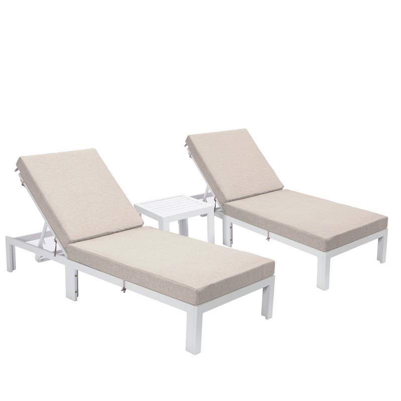 LEISUREMOD CLTW-772 CHELSEA 29 1/2 INCH MODERN OUTDOOR WHITE LOUNGE CHAIR CHAISE WITH SIDE TABLE AND CUSHIONS, SET OF 2