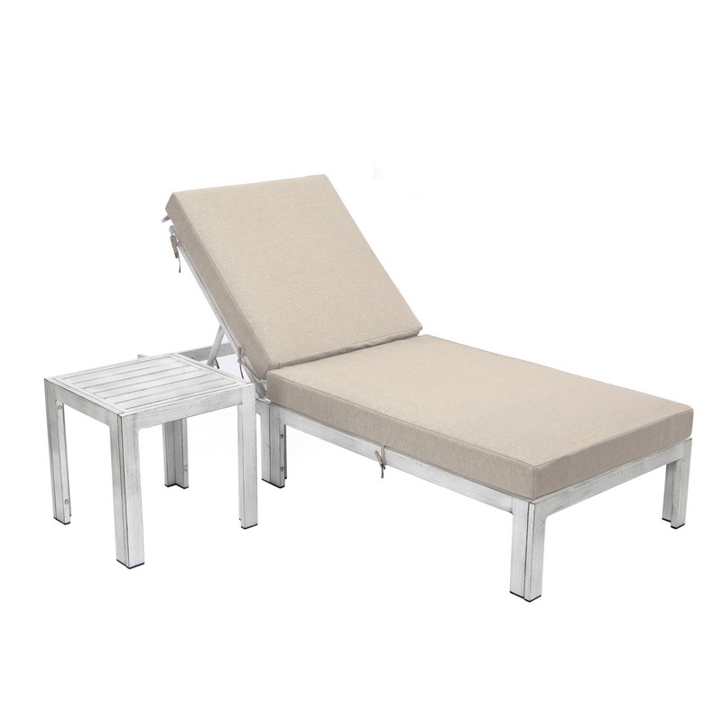 LEISUREMOD CLTWGR-77 CHELSEA 29 1/2 INCH MODERN OUTDOOR WEATHERED GREY LOUNGE CHAIR CHAISE WITH SIDE TABLE AND CUSHIONS