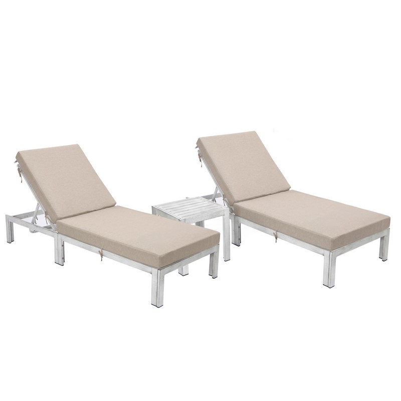 LEISUREMOD CLTWGR-772 CHELSEA 29 1/2 INCH MODERN OUTDOOR WEATHERED GREY LOUNGE CHAIR CHAISE WITH SIDE TABLE AND CUSHIONS, SET OF 2