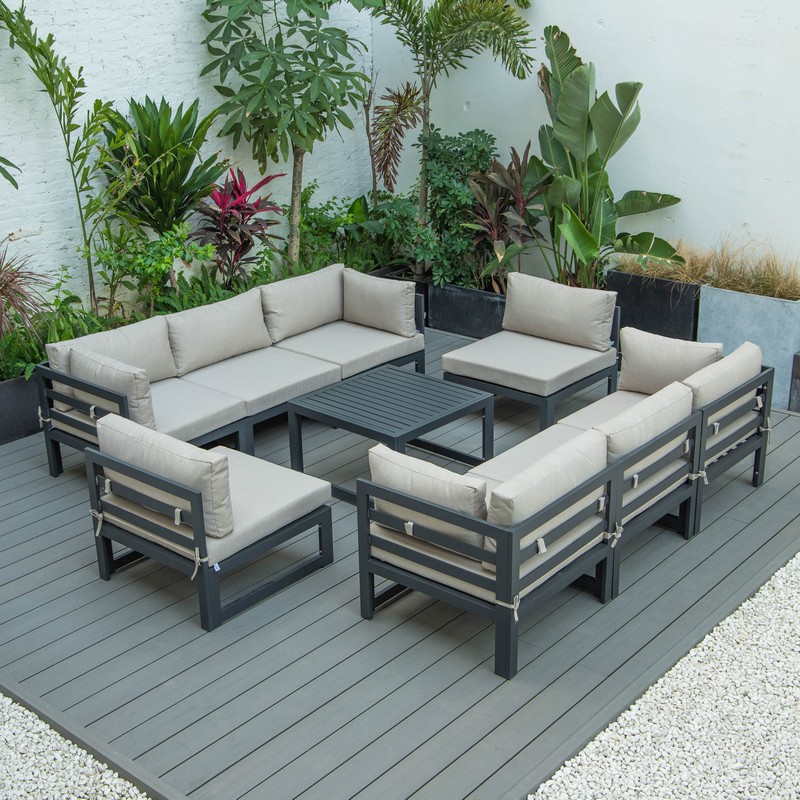 LEISUREMOD CSCMTBL-8 CHELSEA 113 5/8 INCH 9-PIECE BLACK ALUMINUM PATIO SECTIONAL AND COFFEE TABLE WITH CUSHIONS