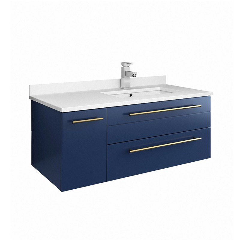 FRESCA FCB6136RBL-UNS-R-CWH-U LUCERA 36 INCH ROYAL BLUE WALL HUNG MODERN BATHROOM CABINET WITH TOP AND UNDERMOUNT SINK - RIGHT VERSION