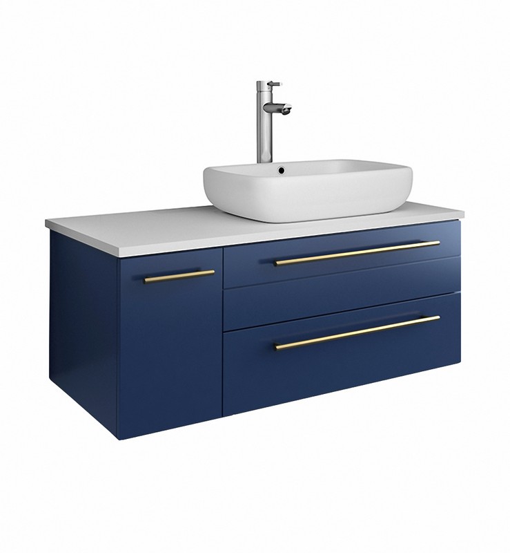 FRESCA FCB6136RBL-VSL-R-CWH-V LUCERA 36 INCH ROYAL BLUE WALL HUNG MODERN BATHROOM CABINET WITH TOP AND VESSEL SINK - RIGHT VERSION