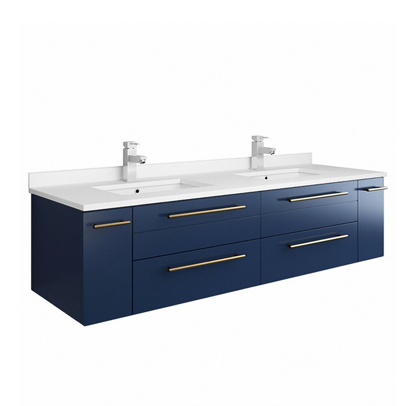 FRESCA FCB6160RBL-UNS-D-CWH-U LUCERA 60 INCH ROYAL BLUE WALL HUNG MODERN BATHROOM CABINET WITH TOP AND DOUBLE UNDERMOUNT SINKS