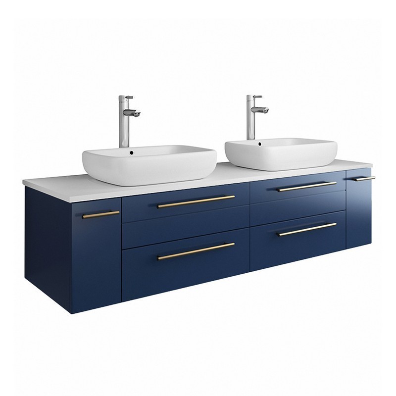 FRESCA FCB6160RBL-VSL-D-CWH-V LUCERA 60 INCH ROYAL BLUE WALL HUNG MODERN BATHROOM CABINET WITH TOP AND DOUBLE VESSEL SINKS