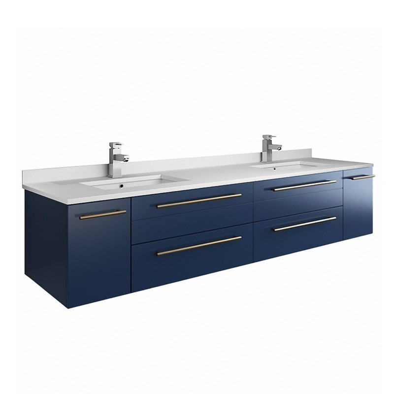 FRESCA FCB6172RBL-UNS-D-CWH-U LUCERA 72 INCH ROYAL BLUE WALL HUNG MODERN BATHROOM CABINET WITH TOP AND DOUBLE UNDERMOUNT SINKS