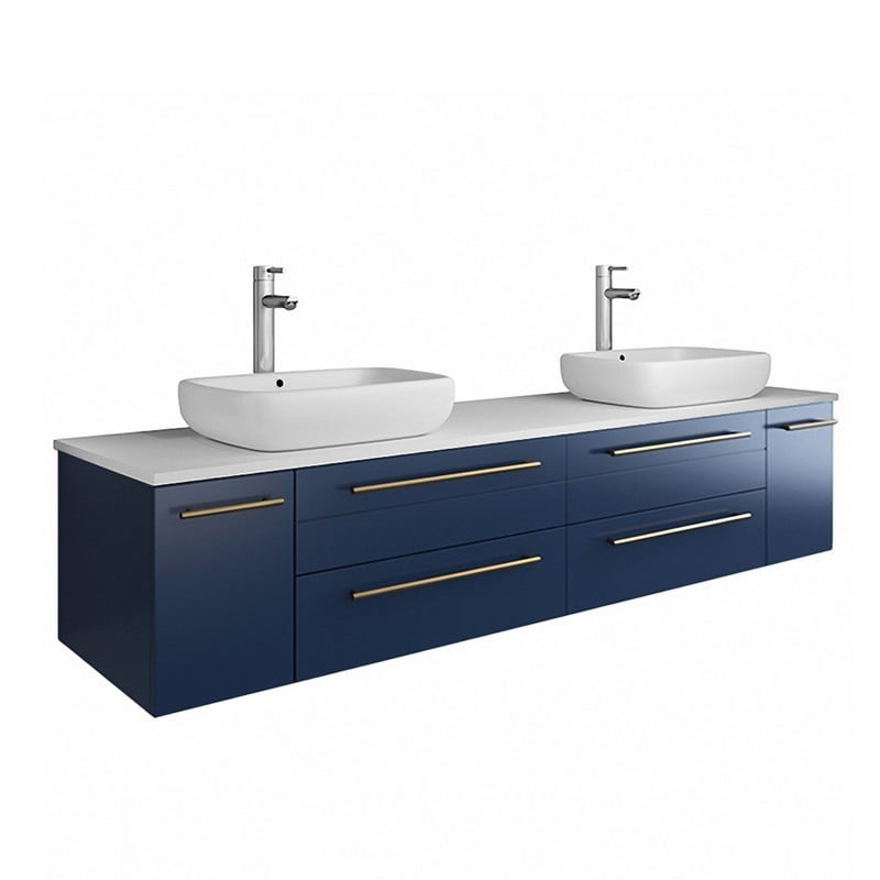 FRESCA FCB6172RBL-VSL-D-CWH-V LUCERA 72 INCH ROYAL BLUE WALL HUNG MODERN BATHROOM CABINET WITH TOP AND DOUBLE VESSEL SINKS