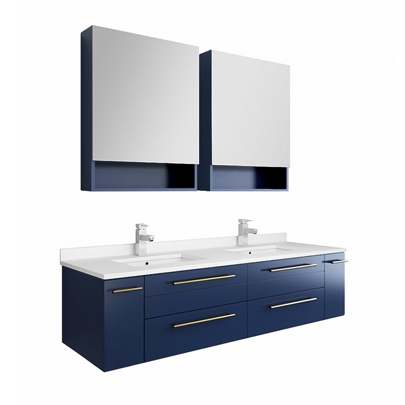 FRESCA FVN6160RBL-UNS-D LUCERA 60 INCH ROYAL BLUE WALL HUNG DOUBLE UNDERMOUNT SINK MODERN BATHROOM VANITY WITH MEDICINE CABINETS