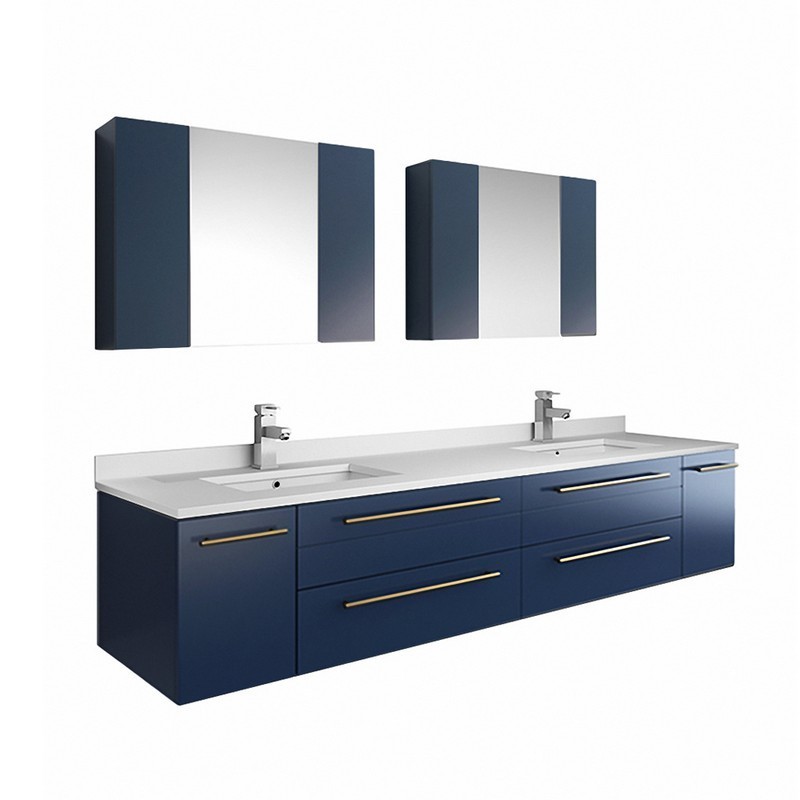 FRESCA FVN6172RBL-UNS-D LUCERA 72 INCH ROYAL BLUE WALL HUNG DOUBLE UNDERMOUNT SINK MODERN BATHROOM VANITY WITH MEDICINE CABINETS