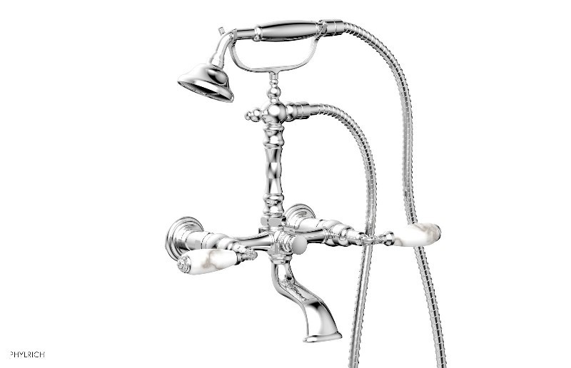 PHYLRICH K2393-39 VALENCIA 15 3/8 INCH TWO HOLES WALL MOUNT EXPOSED TUB AND HAND SHOWER WITH WHITE MARBLE LEVER HANDLES
