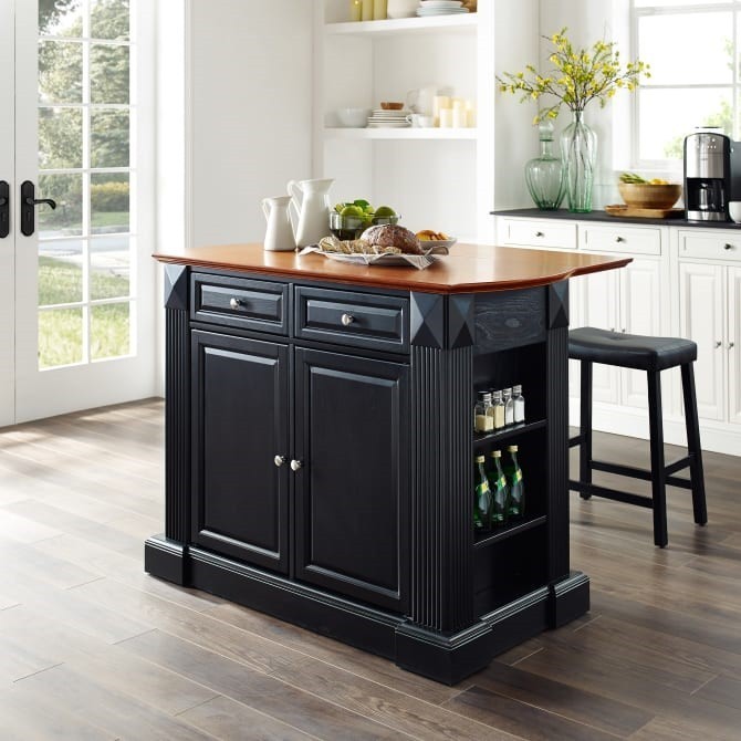 CROSLEY KF300074 COVENTRY 47 3/4 INCH TRADITIONAL DESIGN DROP LEAF TOP KITCHEN ISLAND WITH UPHOLSTERED SADDLE STOOLS
