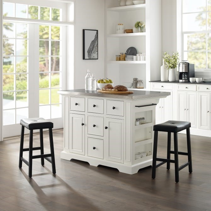CROSLEY KF30062WH-BK JULIA 50 INCH TRANSITIONAL DESIGN STAINLESS STEEL TOP ISLAND WITH UPHOLSTERED SADDLE STOOLS - WHITE