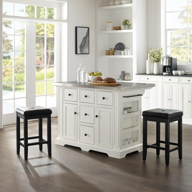 CROSLEY KF30063WH-BK JULIA 50 INCH TRANSITIONAL DESIGN STAINLESS STEEL TOP ISLAND WITH UPHOLSTERED SQUARE STOOLS - WHITE