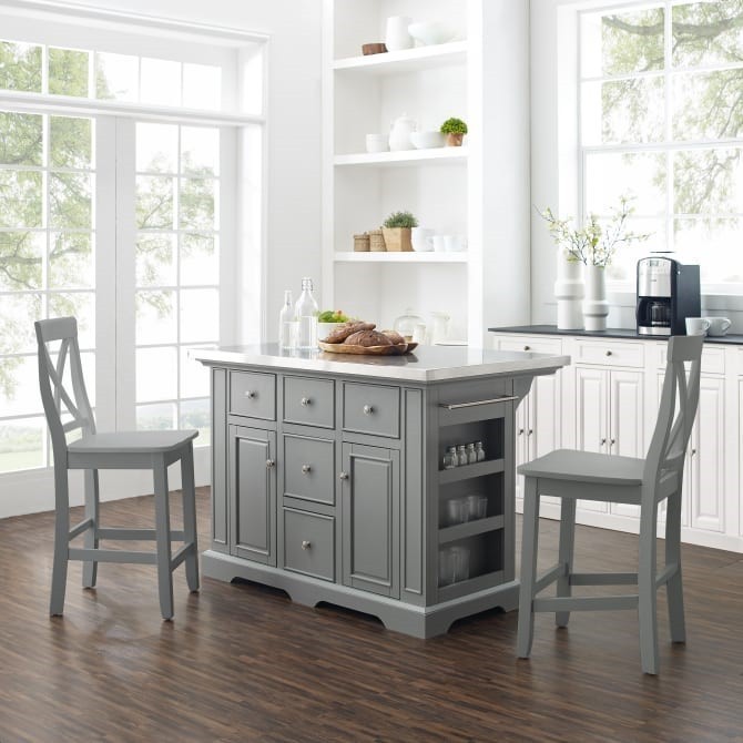 CROSLEY KF30064GY-GY JULIA 50 INCH TRANSITIONAL DESIGN STAINLESS STEEL TOP ISLAND WITH X-BACK STOOLS - GRAY