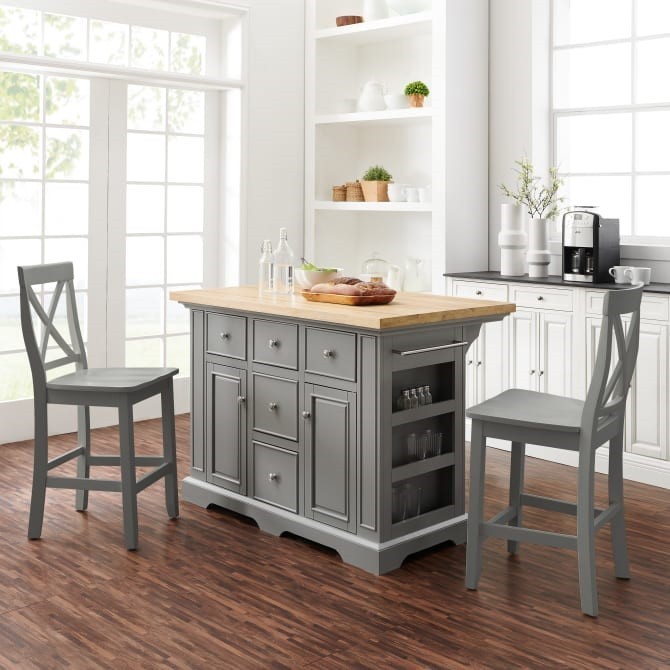 CROSLEY KF30067GY-GY JULIA 50 INCH TRANSITIONAL DESIGN WOOD TOP ISLAND WITH X-BACK STOOLS - GRAY