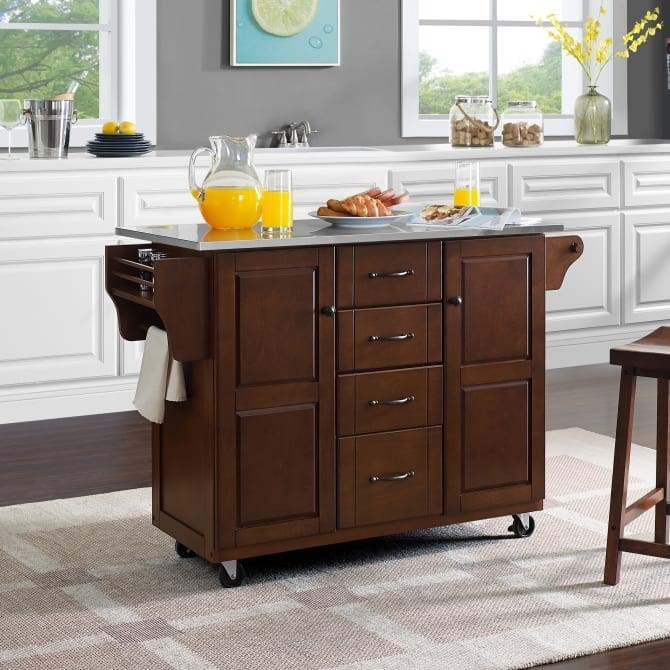 CROSLEY KF30172EMA ELEANOR 51 1/2 INCH TRANSITIONAL DESIGN STAINLESS STEEL TOP KITCHEN CART - MAHOGANY