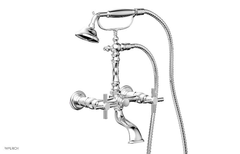 PHYLRICH K2393-07 BASIC 15 3/8 INCH WALL MOUNT EXPOSED TUB AND HAND SHOWER SET WITH TUBULAR CROSS HANDLES