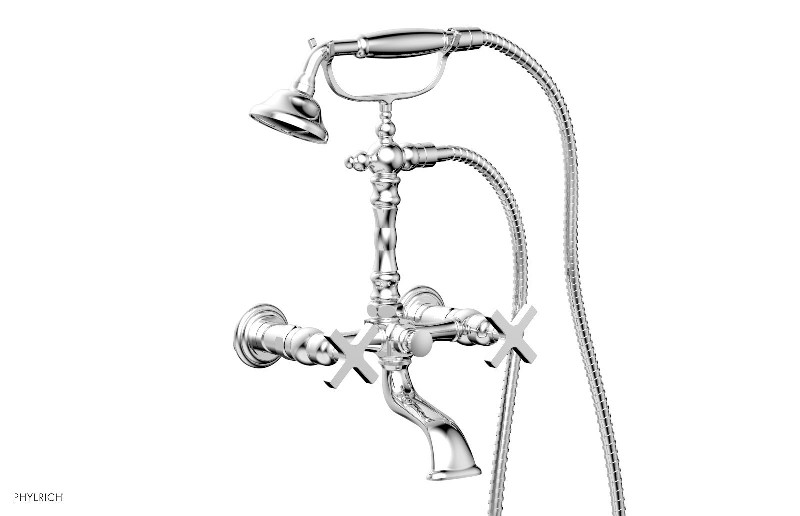 PHYLRICH K2393-22 HEX MODERN 15 3/8 INCH WALL MOUNT EXPOSED TUB AND HAND SHOWER SET WITH CROSS HANDLES