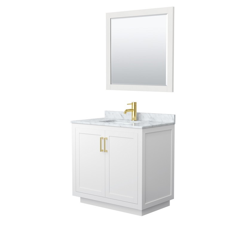 WYNDHAM COLLECTION WCF292936SWGCMUNSM34 MIRANDA 36 INCH SINGLE BATHROOM VANITY IN WHITE WITH WHITE CARRARA MARBLE COUNTERTOP, UNDERMOUNT SQUARE SINK, BRUSHED GOLD TRIM AND 34 INCH MIRROR