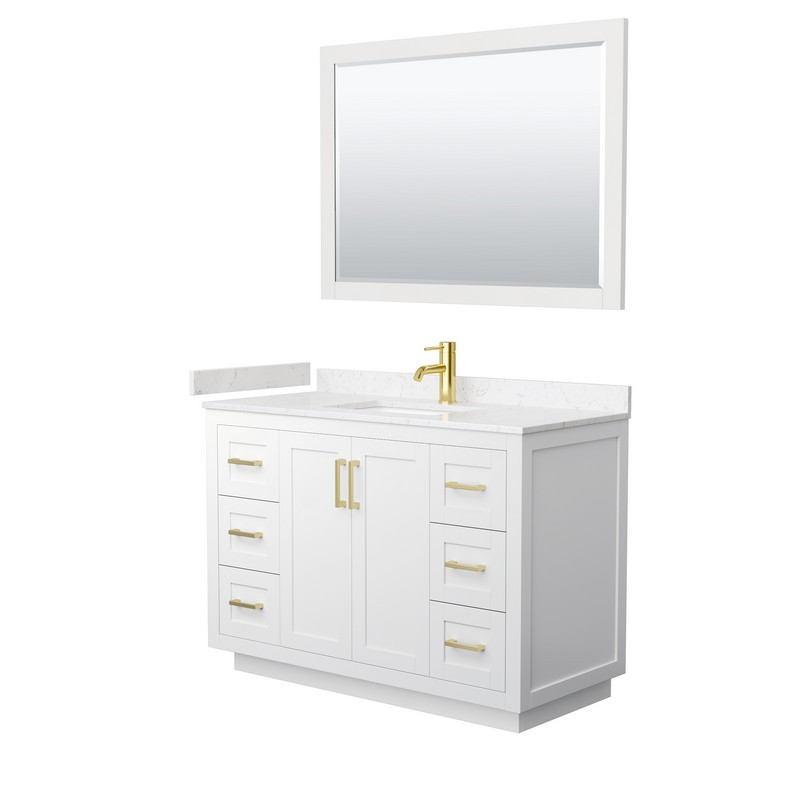 WYNDHAM COLLECTION WCF292948SWGC2UNSM46 MIRANDA 48 INCH SINGLE BATHROOM VANITY IN WHITE WITH LIGHT-VEIN CARRARA CULTURED MARBLE COUNTERTOP, UNDERMOUNT SQUARE SINK, BRUSHED GOLD TRIM AND 46 INCH MIRROR