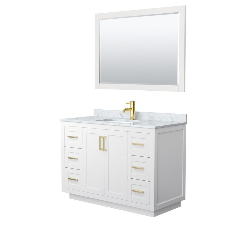 WYNDHAM COLLECTION WCF292948SWGCMUNSM46 MIRANDA 48 INCH SINGLE BATHROOM VANITY IN WHITE WITH WHITE CARRARA MARBLE COUNTERTOP, UNDERMOUNT SQUARE SINK, BRUSHED GOLD TRIM AND 46 INCH MIRROR