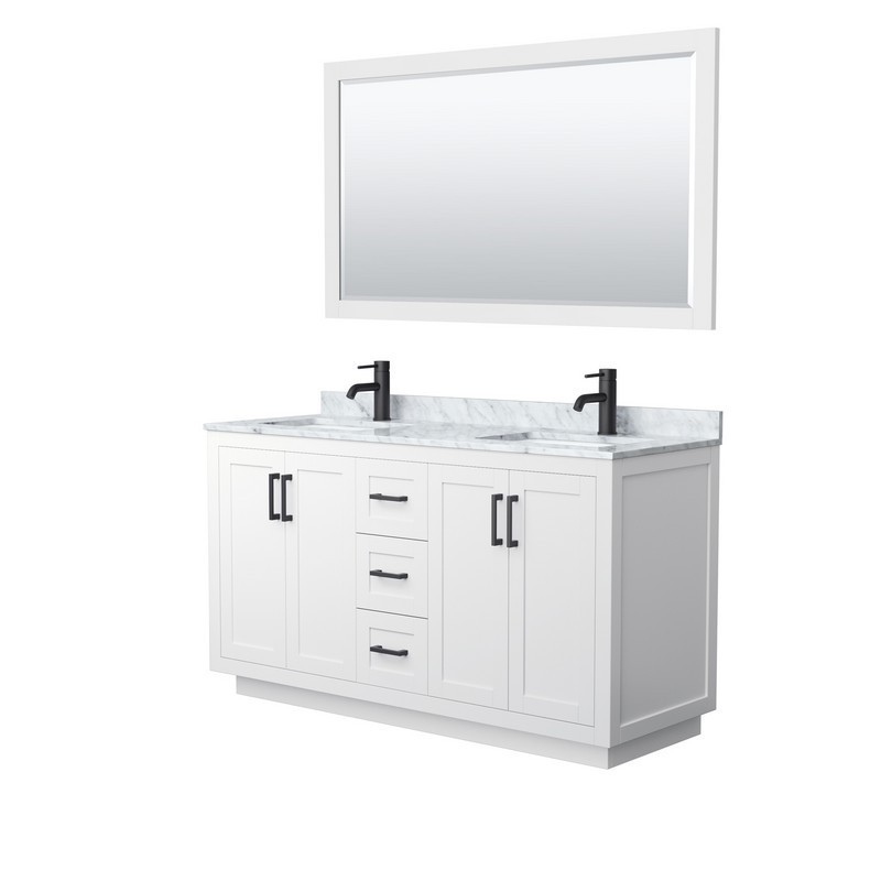 WYNDHAM COLLECTION WCF292960DWBCMUNSM58 MIRANDA 60 INCH DOUBLE BATHROOM VANITY IN WHITE WITH WHITE CARRARA MARBLE COUNTERTOP, UNDERMOUNT SQUARE SINKS, MATTE BLACK TRIM AND 58 INCH MIRROR