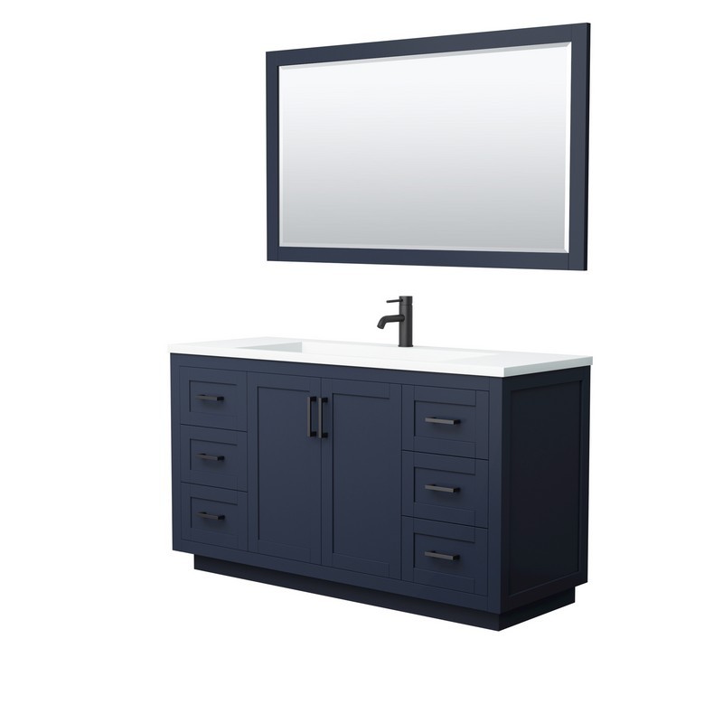 WYNDHAM COLLECTION WCF292960SBBK1INTM58 MIRANDA 60 INCH SINGLE BATHROOM VANITY IN DARK BLUE WITH 1.25 INCH THICK MATTE WHITE SOLID SURFACE COUNTERTOP, INTEGRATED SINK, MATTE BLACK TRIM AND 58 INCH MIRROR