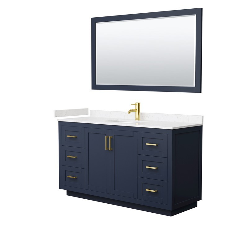 WYNDHAM COLLECTION WCF292960SBLC2UNSM58 MIRANDA 60 INCH SINGLE BATHROOM VANITY IN DARK BLUE WITH LIGHT-VEIN CARRARA CULTURED MARBLE COUNTERTOP, UNDERMOUNT SQUARE SINK, BRUSHED GOLD TRIM AND 58 INCH MIRROR