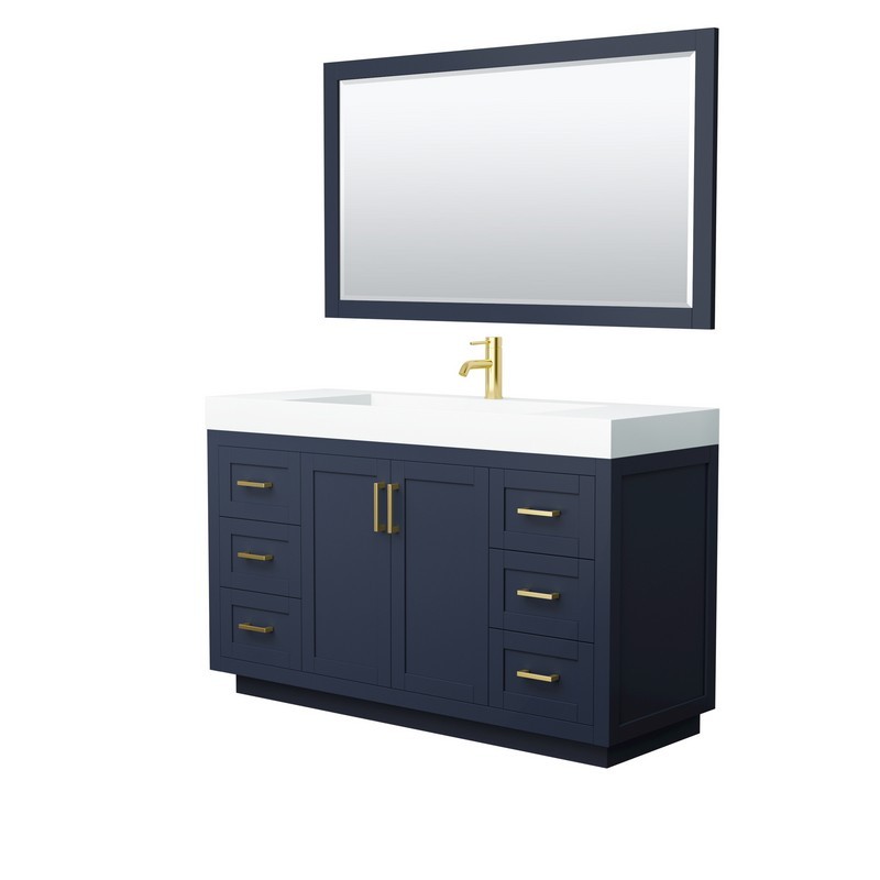 WYNDHAM COLLECTION WCF292960SBLK4INTM58 MIRANDA 60 INCH SINGLE BATHROOM VANITY IN DARK BLUE WITH 4 INCH THICK MATTE WHITE SOLID SURFACE COUNTERTOP, INTEGRATED SINK, BRUSHED GOLD TRIM AND 58 INCH MIRROR