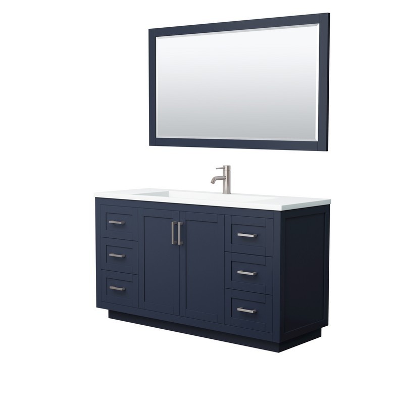 WYNDHAM COLLECTION WCF292960SBNK1INTM58 MIRANDA 60 INCH SINGLE BATHROOM VANITY IN DARK BLUE WITH 1.25 INCH THICK MATTE WHITE SOLID SURFACE COUNTERTOP, INTEGRATED SINK, BRUSHED NICKEL TRIM AND 58 INCH MIRROR