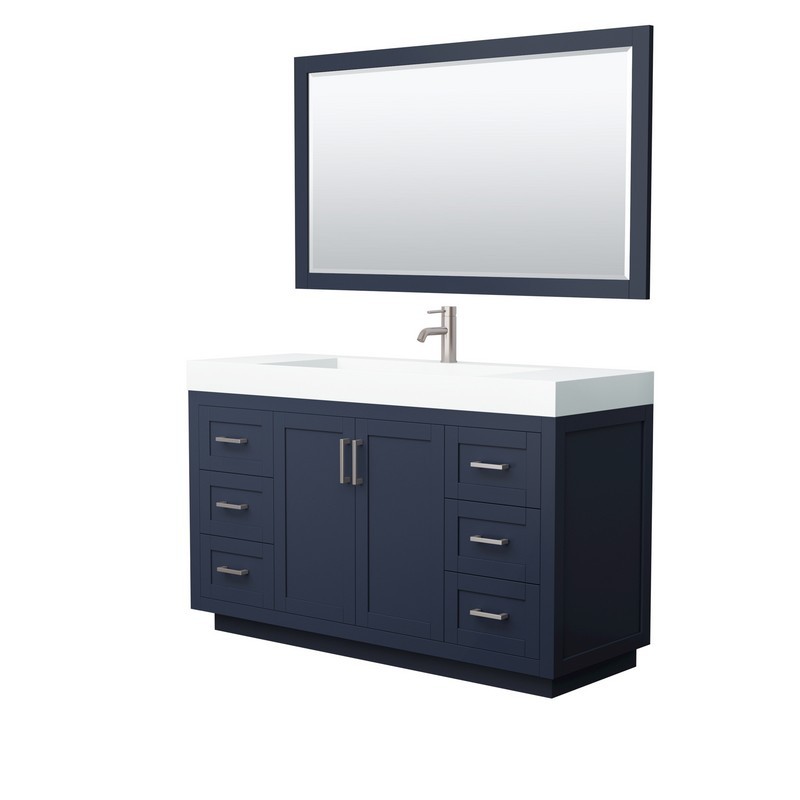 WYNDHAM COLLECTION WCF292960SBNK4INTM58 MIRANDA 60 INCH SINGLE BATHROOM VANITY IN DARK BLUE WITH 4 INCH THICK MATTE WHITE SOLID SURFACE COUNTERTOP, INTEGRATED SINK, BRUSHED NICKEL TRIM AND 58 INCH MIRROR