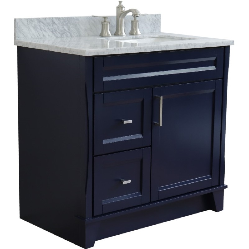 BELLATERRA 400700-37R-WMRR TERNI 37 INCH SINGLE SINK VANITY WITH WHITE CARRARA MARBLE TOP AND LEFT RECTANGULAR BASIN
