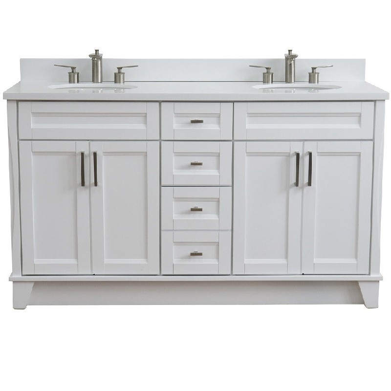 BELLATERRA 400700-61D-WEO TERNI 61 INCH DOUBLE SINK VANITY WITH WHITE QUARTZ TOP AND OVAL BASINS