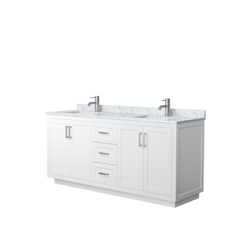 WYNDHAM COLLECTION WCF292972DWHCMUNSMXX MIRANDA 72 INCH DOUBLE BATHROOM VANITY IN WHITE WITH WHITE CARRARA MARBLE COUNTERTOP, UNDERMOUNT SQUARE SINKS AND BRUSHED NICKEL TRIM