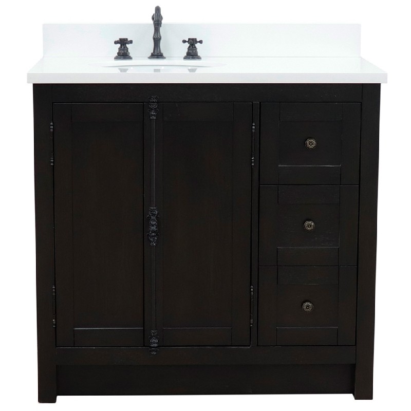 BELLATERRA 400100-37-WEO PLANTATION 37 INCH SINGLE VANITY WITH WHITE QUARTZ TOP AND OVAL BASIN