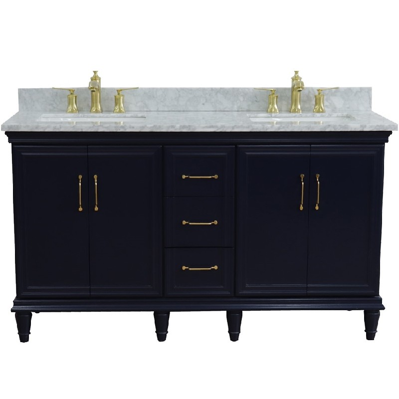 BELLATERRA 400800-61D-WMR FORLI 61 INCH DOUBLE SINK VANITY WITH WHITE CARRARA MARBLE TOP AND RECTANGULAR BASINS