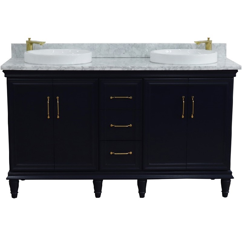 BELLATERRA 400800-61D-WMRD FORLI 61 INCH DOUBLE SINK VANITY WITH WHITE CARRARA MARBLE TOP AND ROUND BASINS