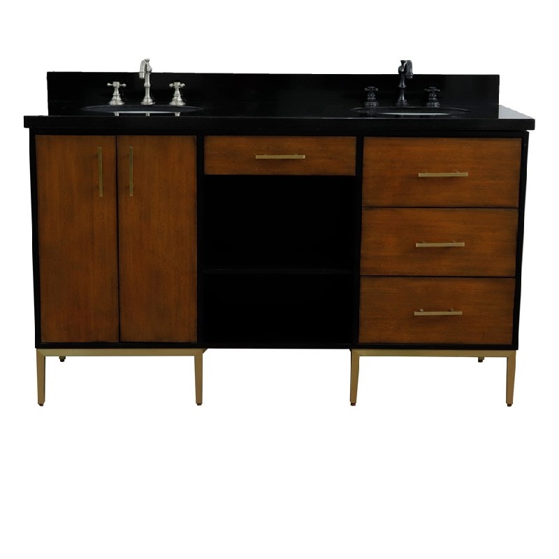 BELLATERRA 400900-61D-WB-BGO IMOLA 61 INCH DOUBLE SINK VANITY WITH BLACK GALAXY GRANITE TOP AND OVAL BASINS - WALNUT AND BLACK