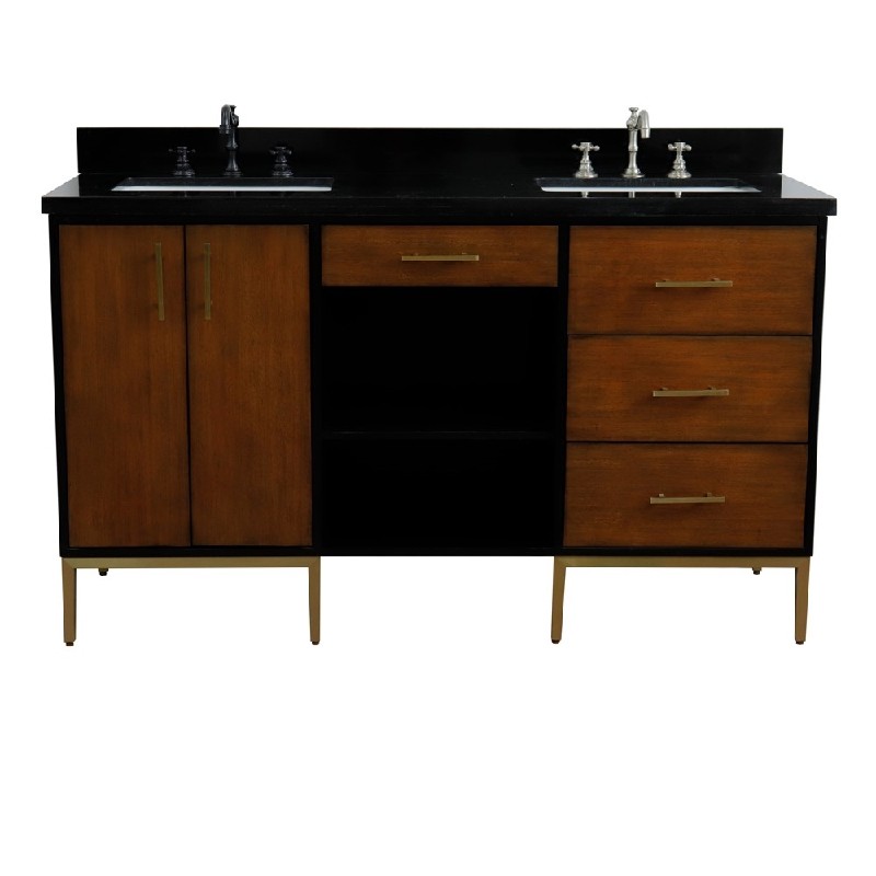 BELLATERRA 400900-61D-WB-BGR IMOLA 61 INCH DOUBLE SINK VANITY WITH BLACK GALAXY GRANITE TOP AND RECTANGULAR BASINS - WALNUT AND BLACK