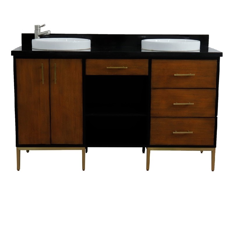 BELLATERRA 400900-61D-WB-BGRD IMOLA 61 INCH DOUBLE SINK VANITY WITH BLACK GALAXY GRANITE TOP AND ROUND BASINS - WALNUT AND BLACK