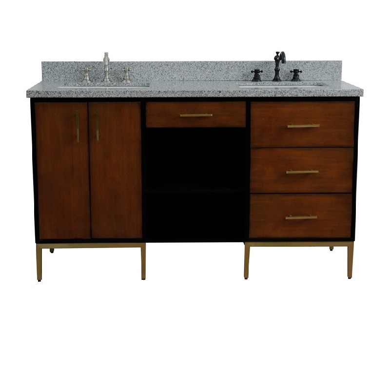 BELLATERRA 400900-61D-WB-GYR IMOLA 61 INCH DOUBLE SINK VANITY WITH GRAY GRANITE TOP AND RECTANGULAR BASINS - WALNUT AND BLACK