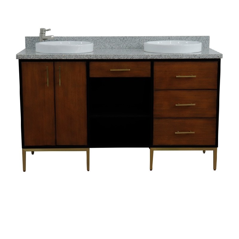 BELLATERRA 400900-61D-WB-GYRD IMOLA 61 INCH DOUBLE SINK VANITY WITH GRAY GRANITE TOP AND ROUND BASINS - WALNUT AND BLACK