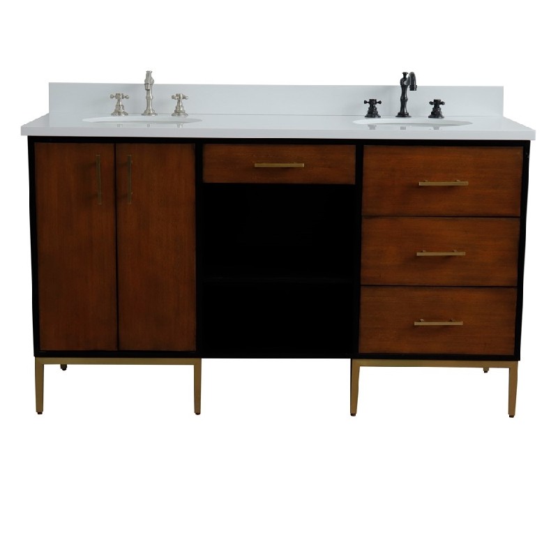 BELLATERRA 400900-61D-WB-WEO IMOLA 61 INCH DOUBLE SINK VANITY WITH WHITE QUARTZ TOP AND OVAL BASINS - WALNUT AND BLACK