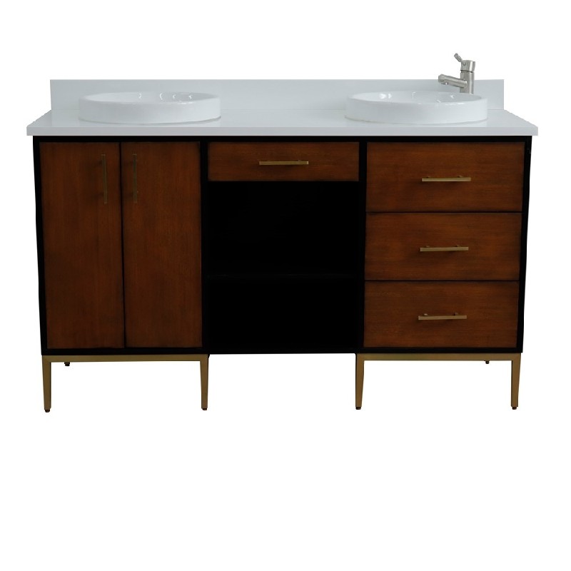 BELLATERRA 400900-61D-WB-WERD IMOLA 61 INCH DOUBLE SINK VANITY WITH WHITE QUARTZ TOP AND ROUND BASINS - WALNUT AND BLACK