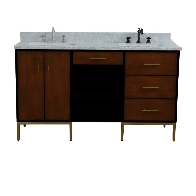 BELLATERRA 400900-61D-WB-WMR IMOLA 61 INCH DOUBLE SINK VANITY WITH WHITE CARRARA MARBLE TOP AND RECTANGULAR BASINS - WALNUT AND BLACK