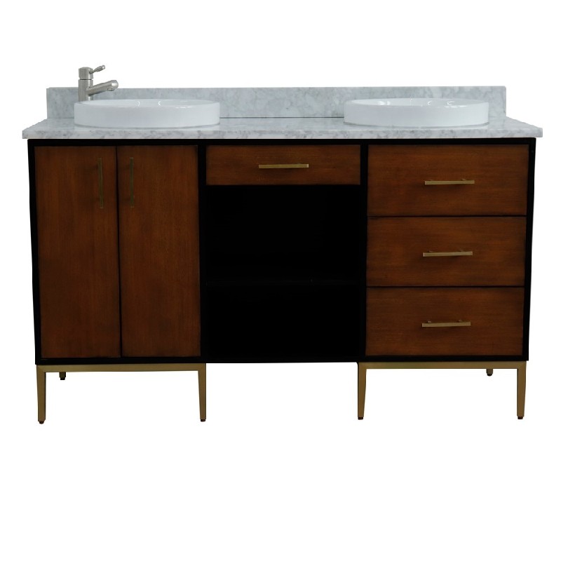 BELLATERRA 400900-61D-WB-WMRD IMOLA 61 INCH DOUBLE SINK VANITY WITH WHITE CARRARA MARBLE TOP AND ROUND BASINS - WALNUT AND BLACK
